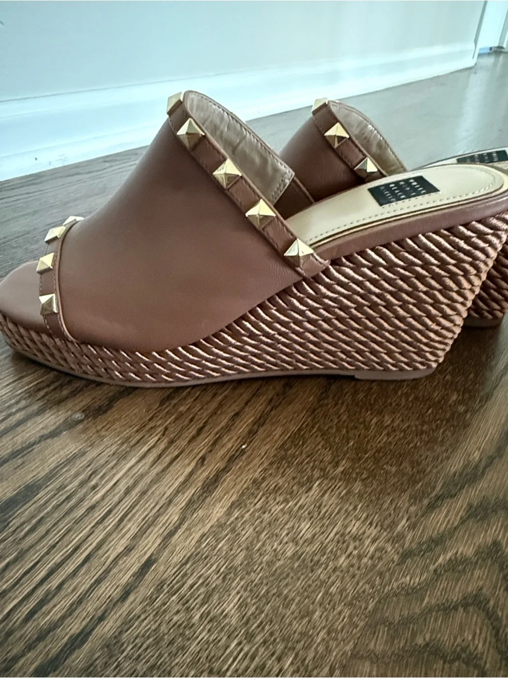 White House Black Market Brown Wedge Slide Sandals with Gold Studs